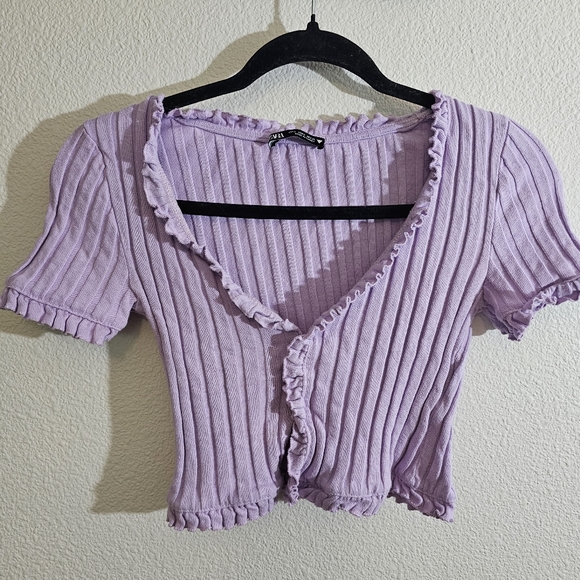 Zara Top S Purple Ribbed Ruffled Cap Sleeve - Picture 1 of 4